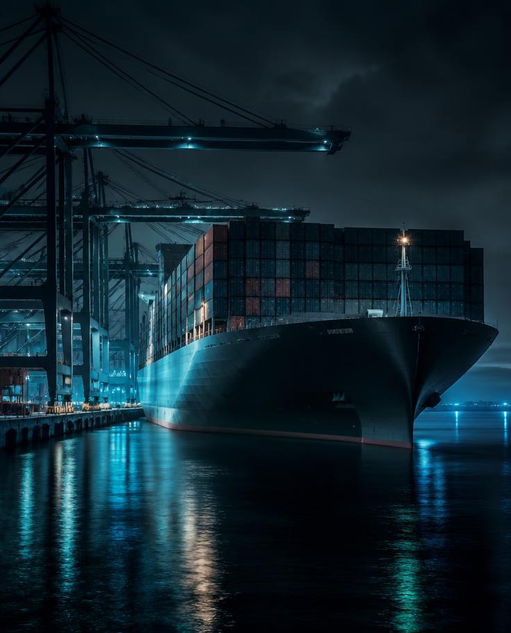 Container ship being loaded at a night port
